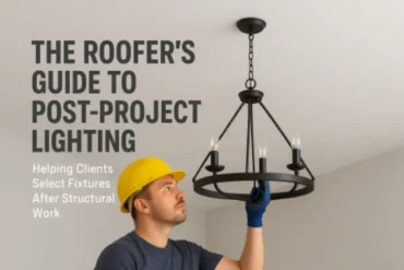 roofer installing modern lighting fixtures after completed attic renovation
