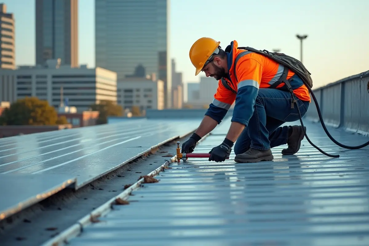 roofing contractor repairing commercial roof to prevent expensive structural damage