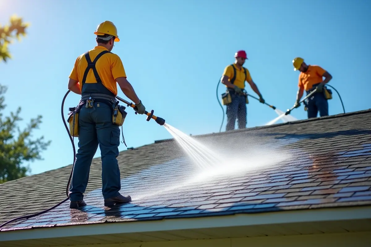 professional cleaning crew washing residential roof for safety and curb appeal