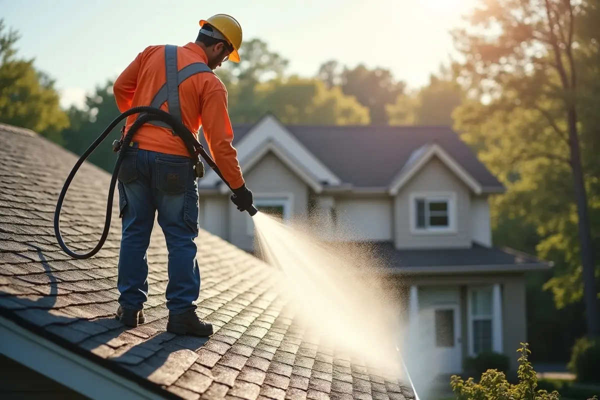 worker soft washing roof to keep akron home looking new