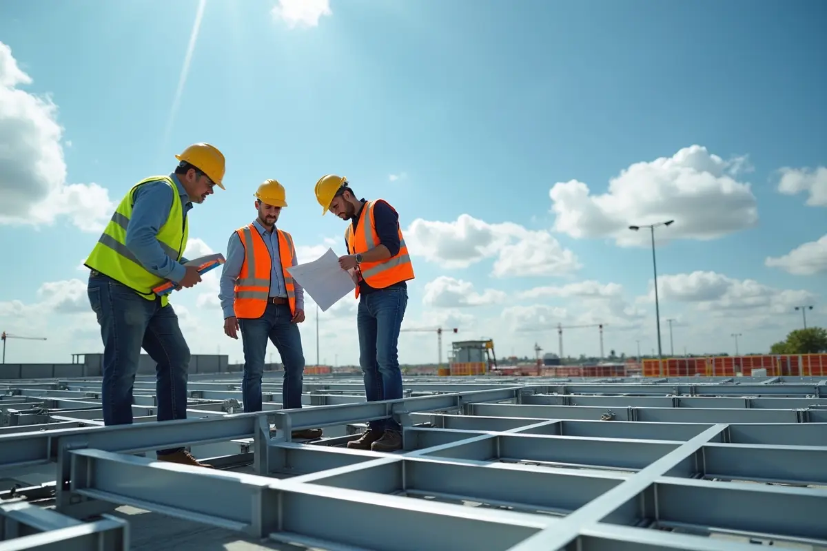 engineers inspecting steel roof structure designed for photovoltaic panel installation