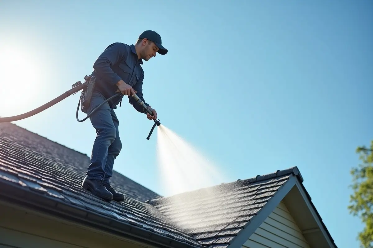 technician performing gentle roof soft washing to safely clean home