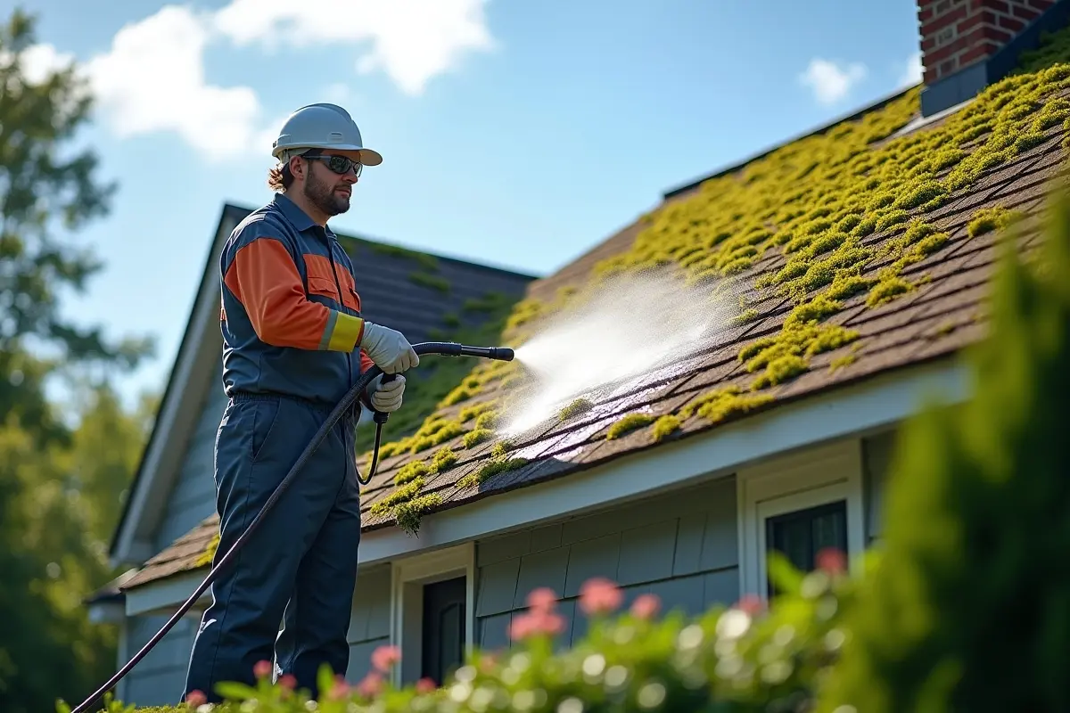 technician performing gentle roof soft washing to safely clean stamford home