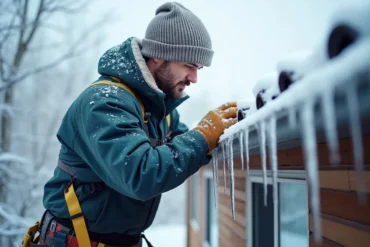 homeowner inspecting roof to prevent damaging winter ice dams formation