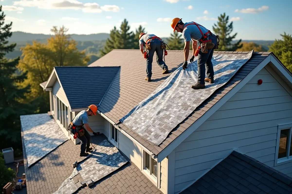 roofing crew performing professional step-by-step residential roof replacement
