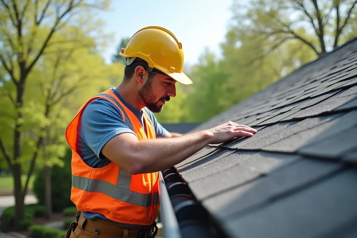 professional inspecting residential roof during spring maintenance visit