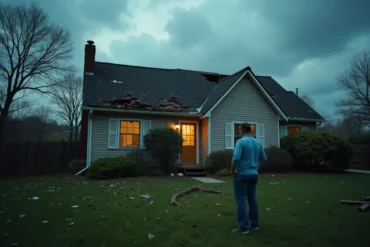 homeowner inspecting roof damage after a severe storm