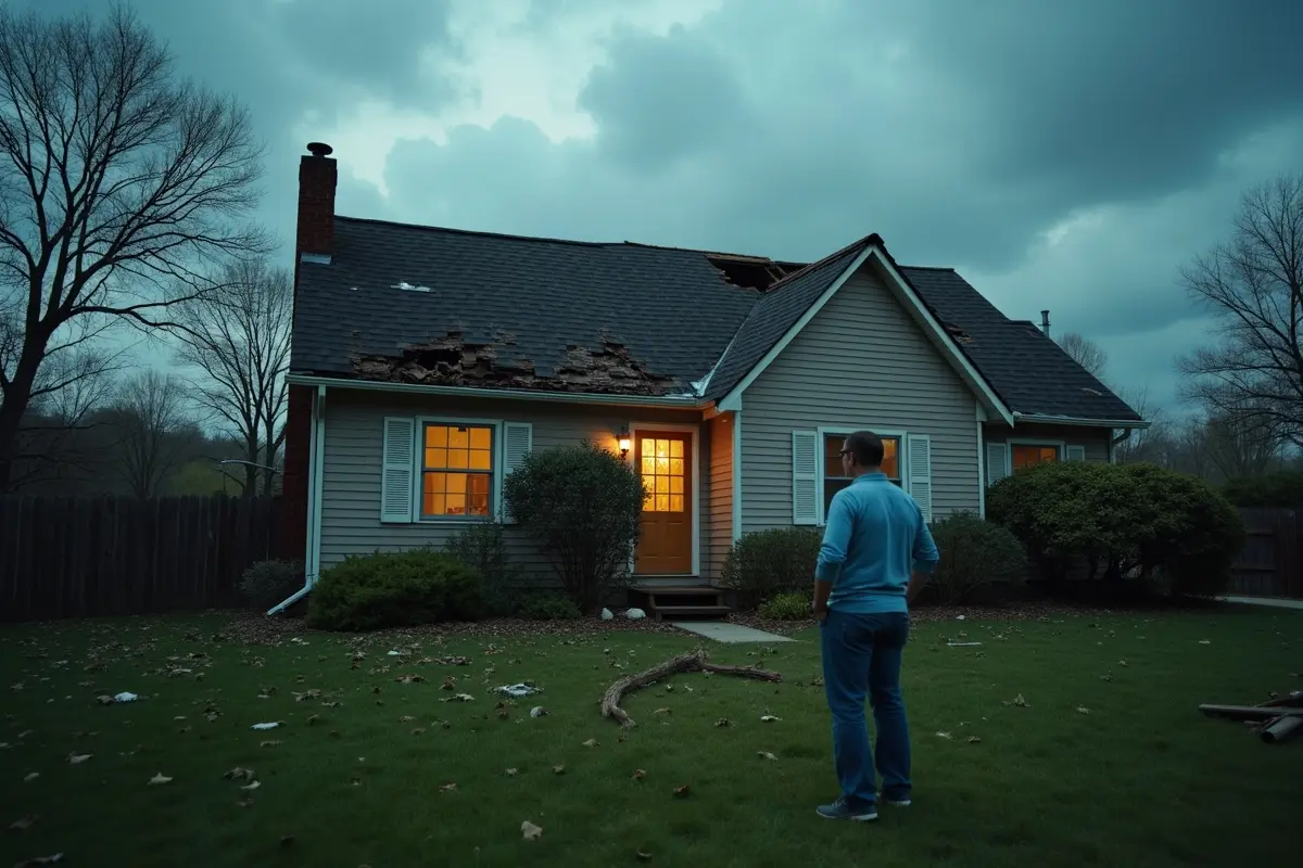 homeowner inspecting roof damage after a severe storm